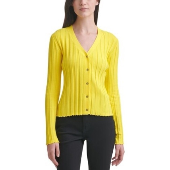 Calvin Klein Jeans Yellow Rib Knit V-Neck Cotton Cardigan - Picture 1 of 8